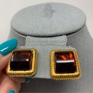 Vintage Red Root Beer Lucite Square Cabochon Gold Tone Swirl Edge Stud Earrings